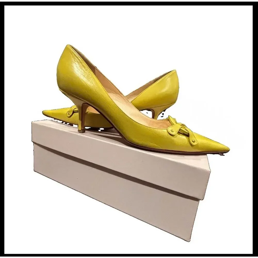 Vtg Jimmy Choo Lime Kid Leather Harness Detail Pointed Toe Kitten Heel 38.5 |8.5